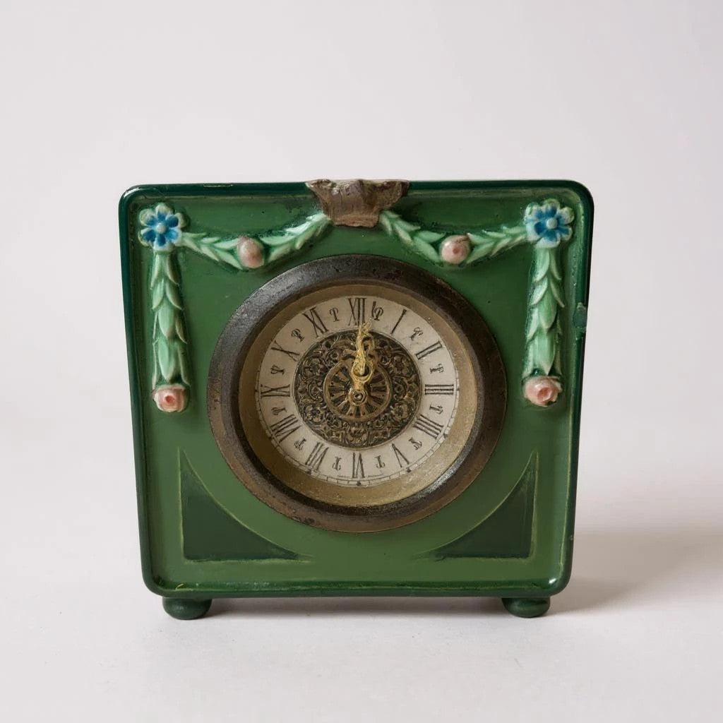 Vintage West German Mantel Clock | Green Ceramic Floral Table Clock