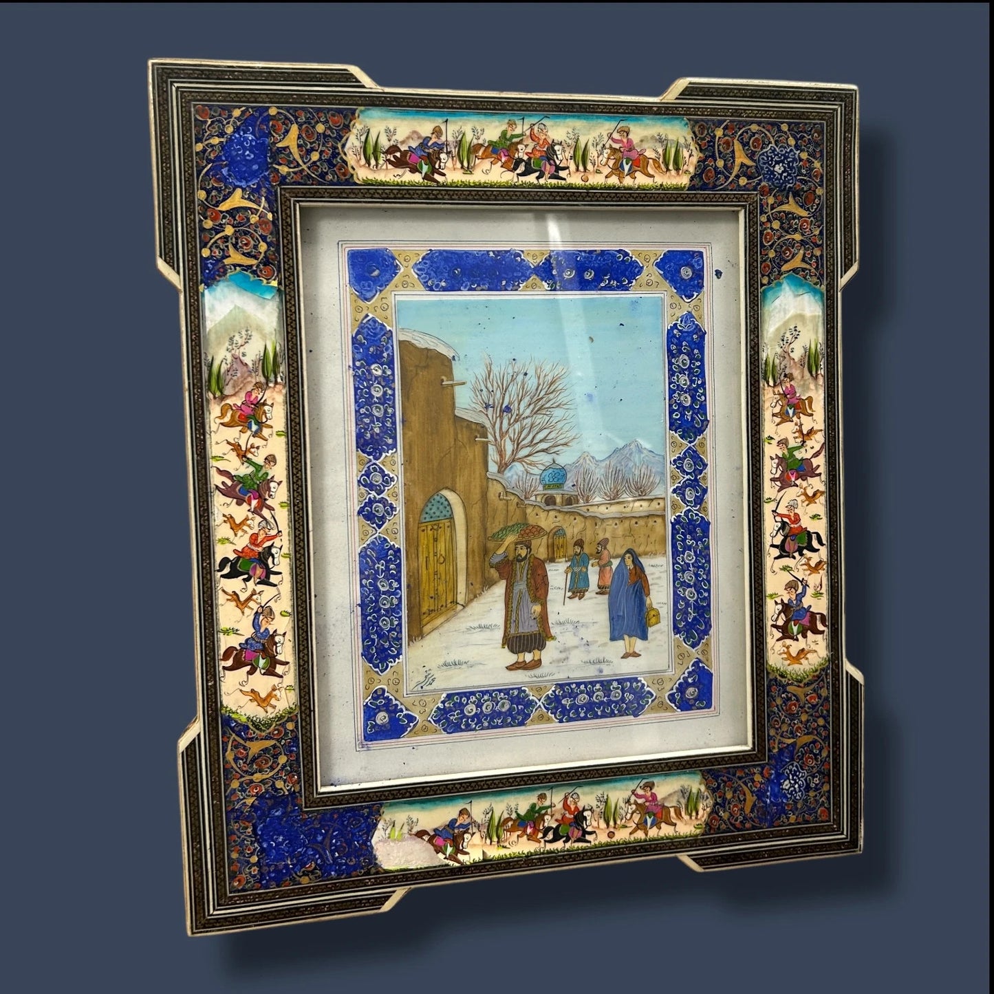 Vintage 1950s Persian Khatam Mosaic Watercolour Painting