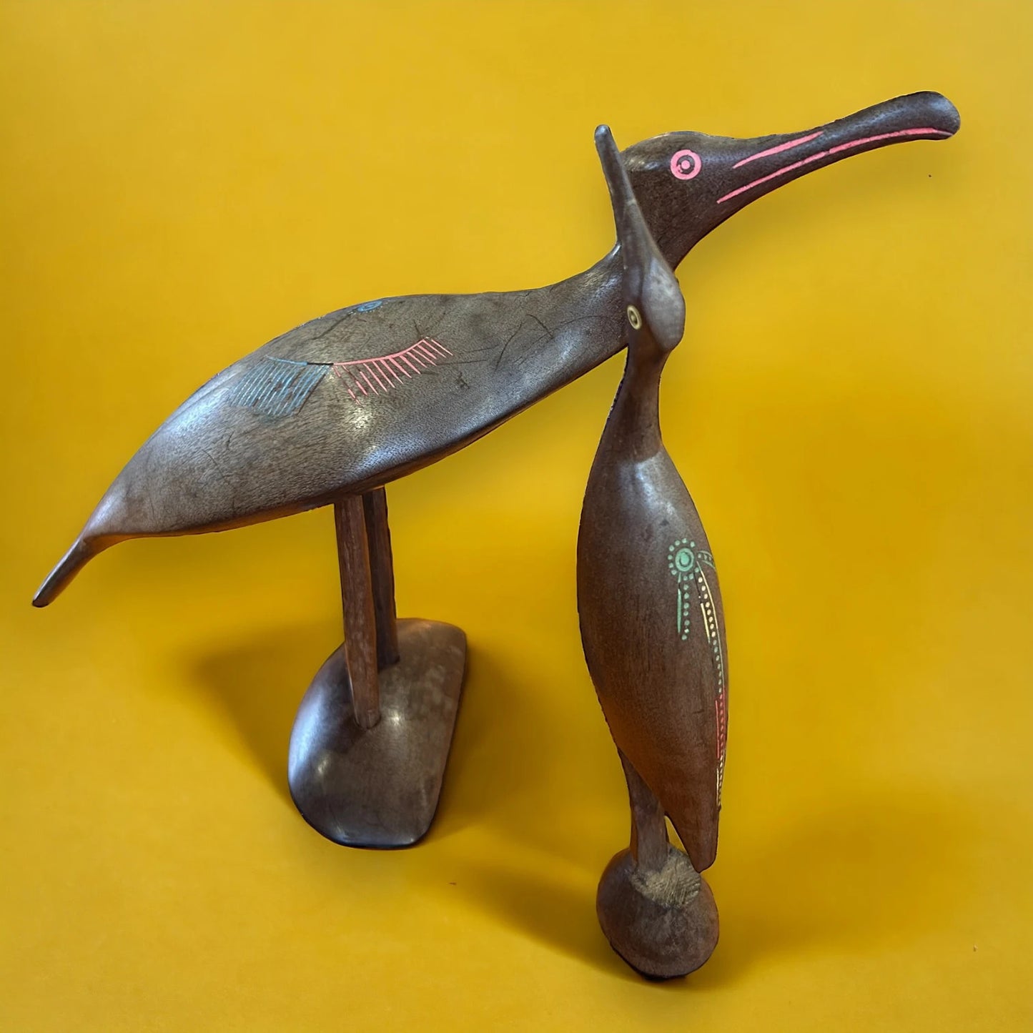 Mid Century Pair of Carved Wood Birds