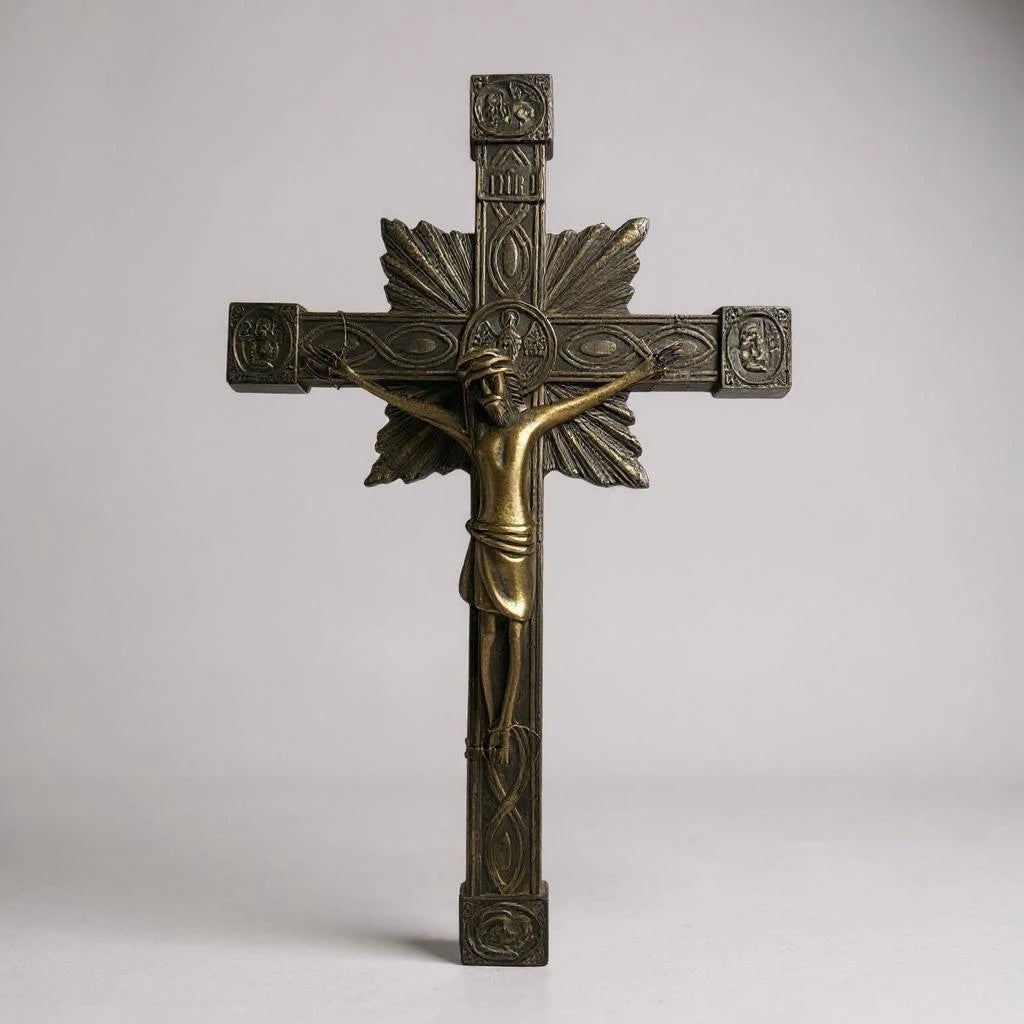 Vintage 1950s French Brass Crucifix | Art Deco Jesus Christ Wall Cross