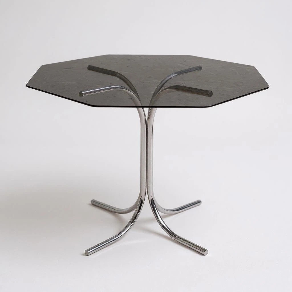 Mid Century Modern Hexagonal Dining Table | Smoked Glass & Chrome Base