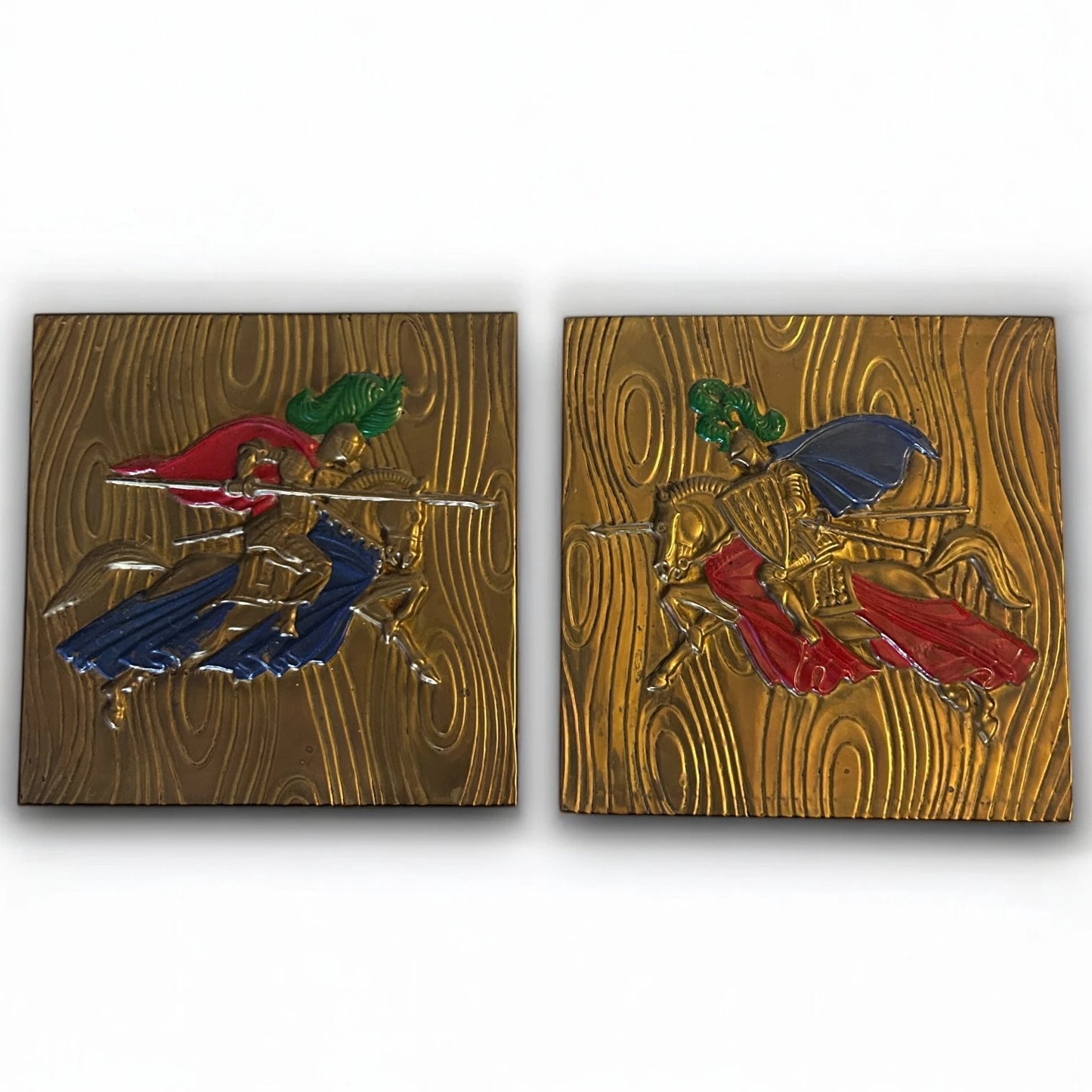 Vintage 1950s Brass Medieval Knights Pair of Plaques