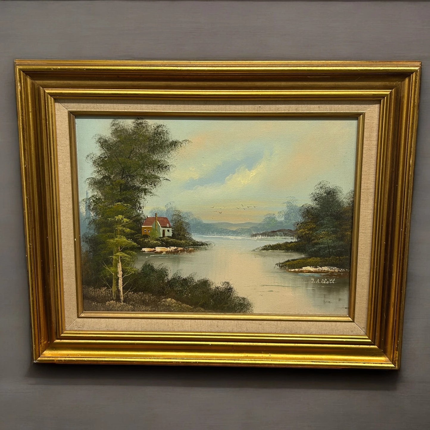 Vintage 1970s Lake Landscape Oil Painting