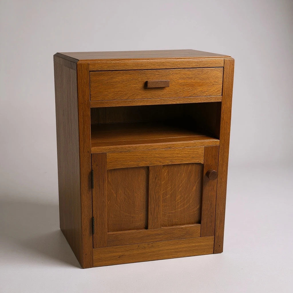 Vintage Oak Bedside Cupboard | Mid Century Nightstand with Drawer & Cabinet