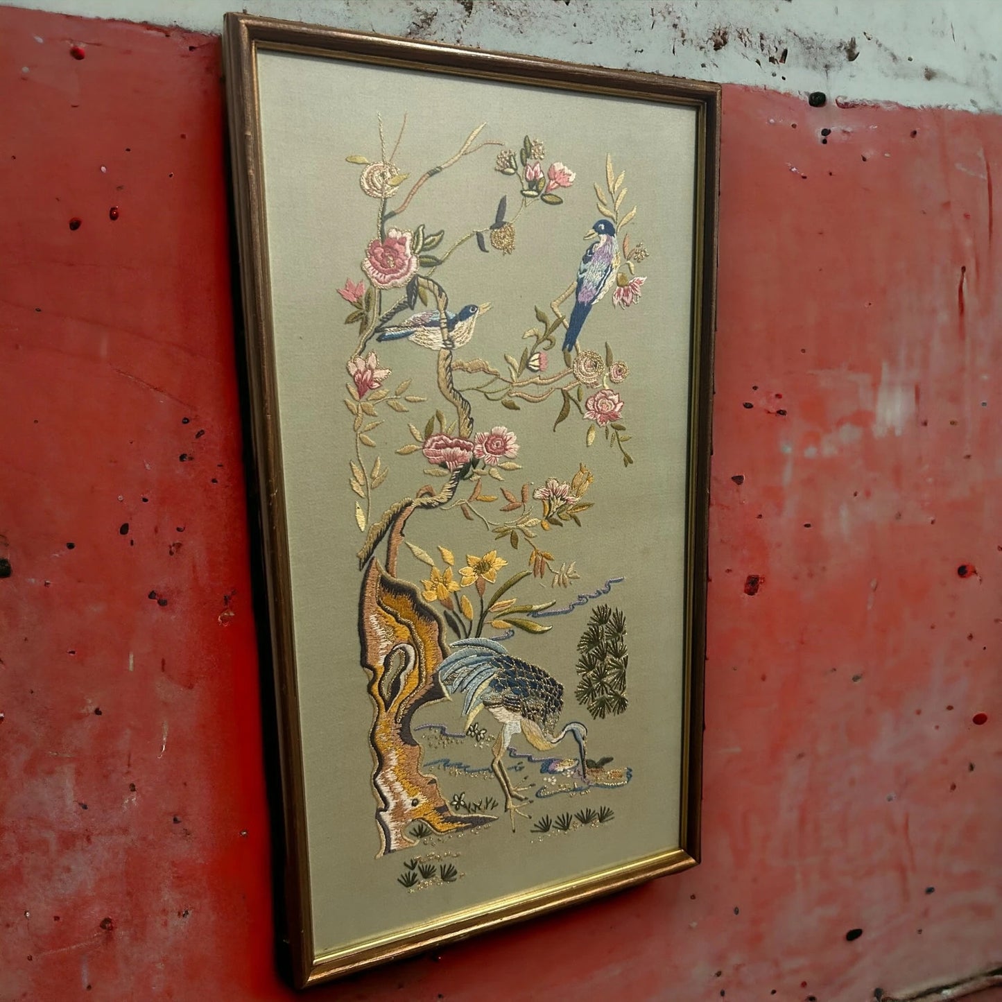 Vintage 1970s Chinese Birds Textile Framed Art