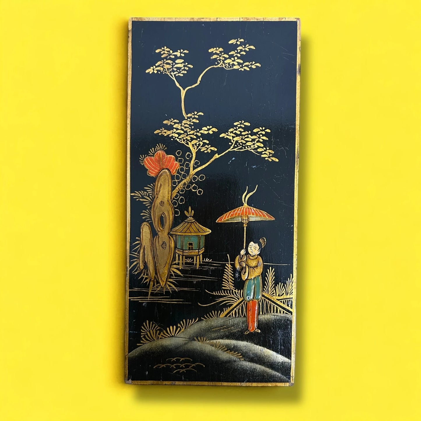 Vintage 1960s Chinese black lacquered wood panel