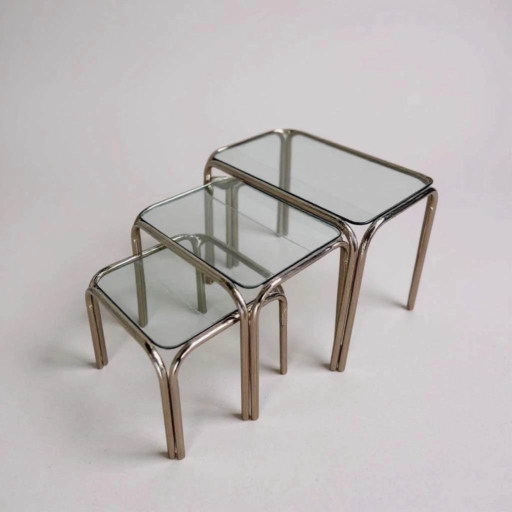 Mid Century Modern Smoked Glass and Chrome Nest of Tables