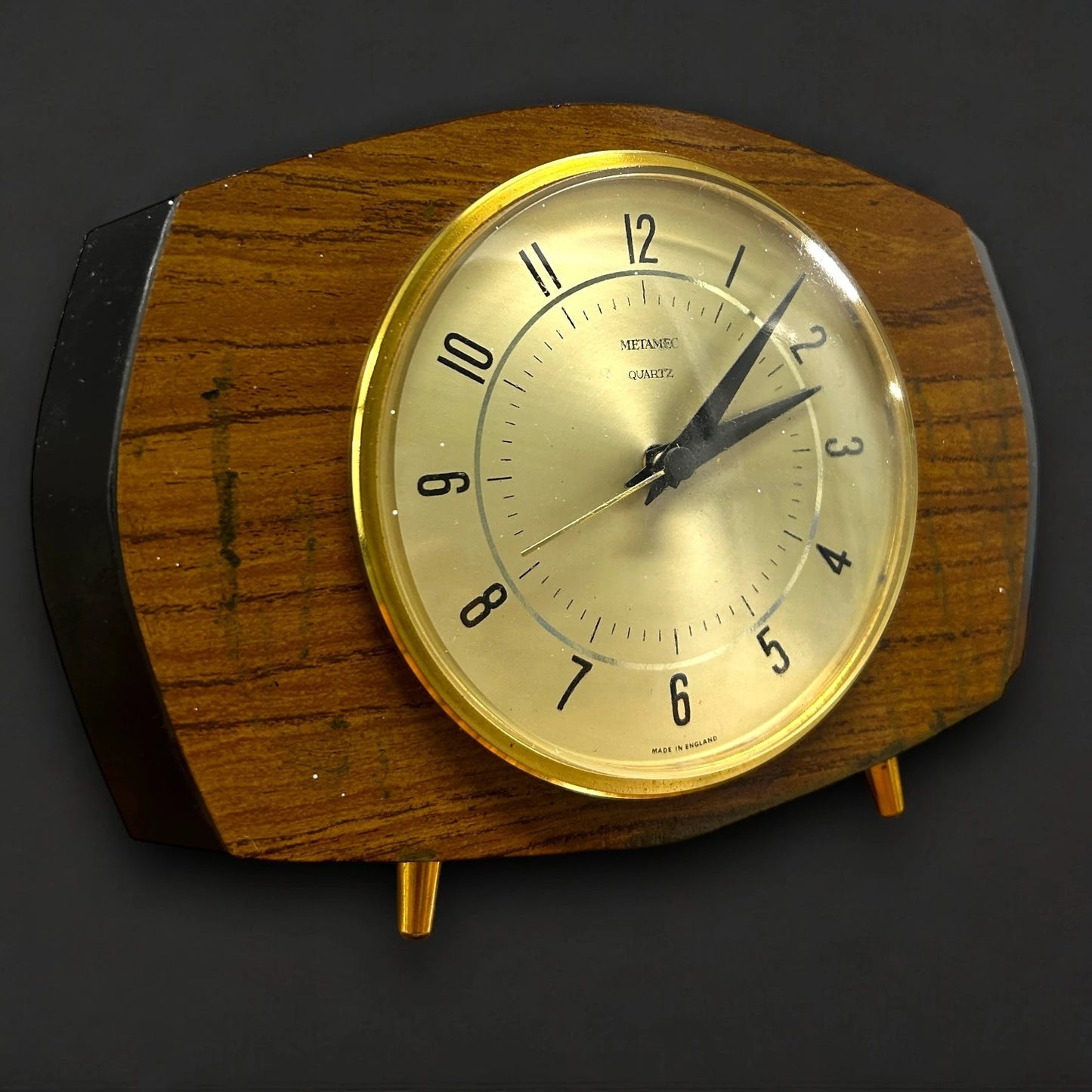 Mid Century Metamec Wood and Brass Table Clock