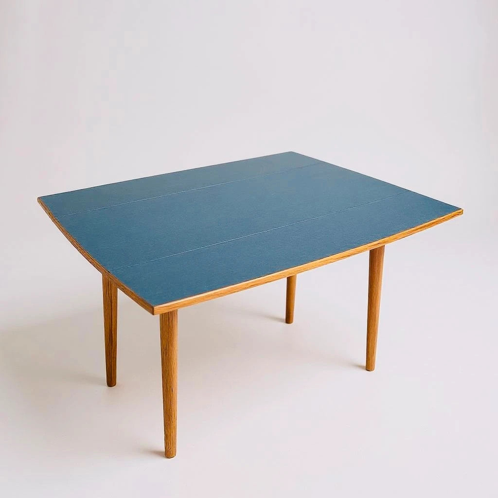 Mid Century Modern Blue Formica Drop Leaf Extendable Dining Table