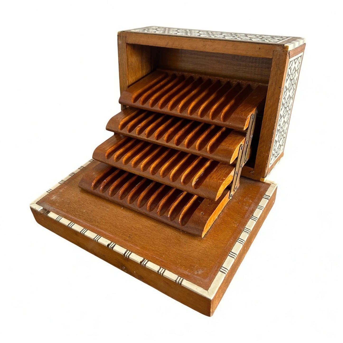 Mid Century Modern Mother of Pearl Mosaic Wood Marquetry Musical Cigarette Dispenser Box