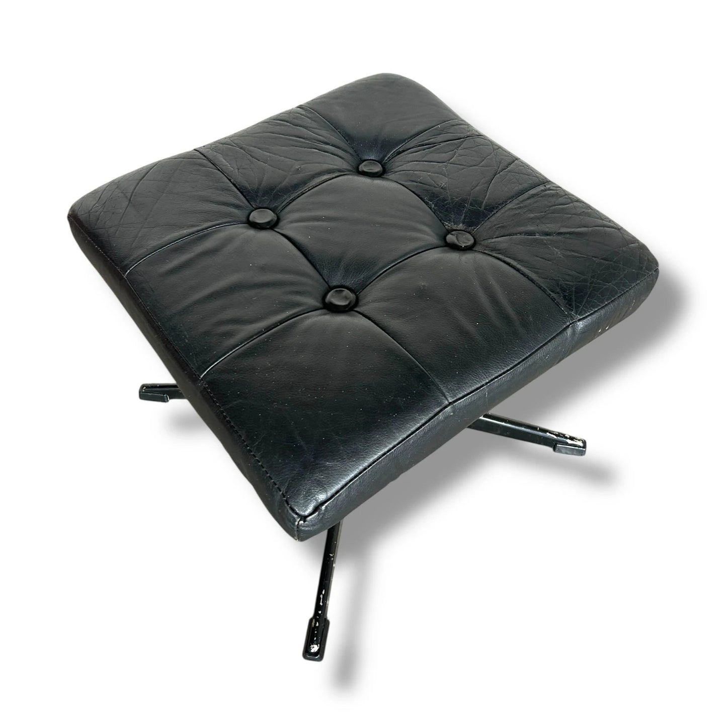Mid Century Modern Danish Black Leather Swivel Footstool