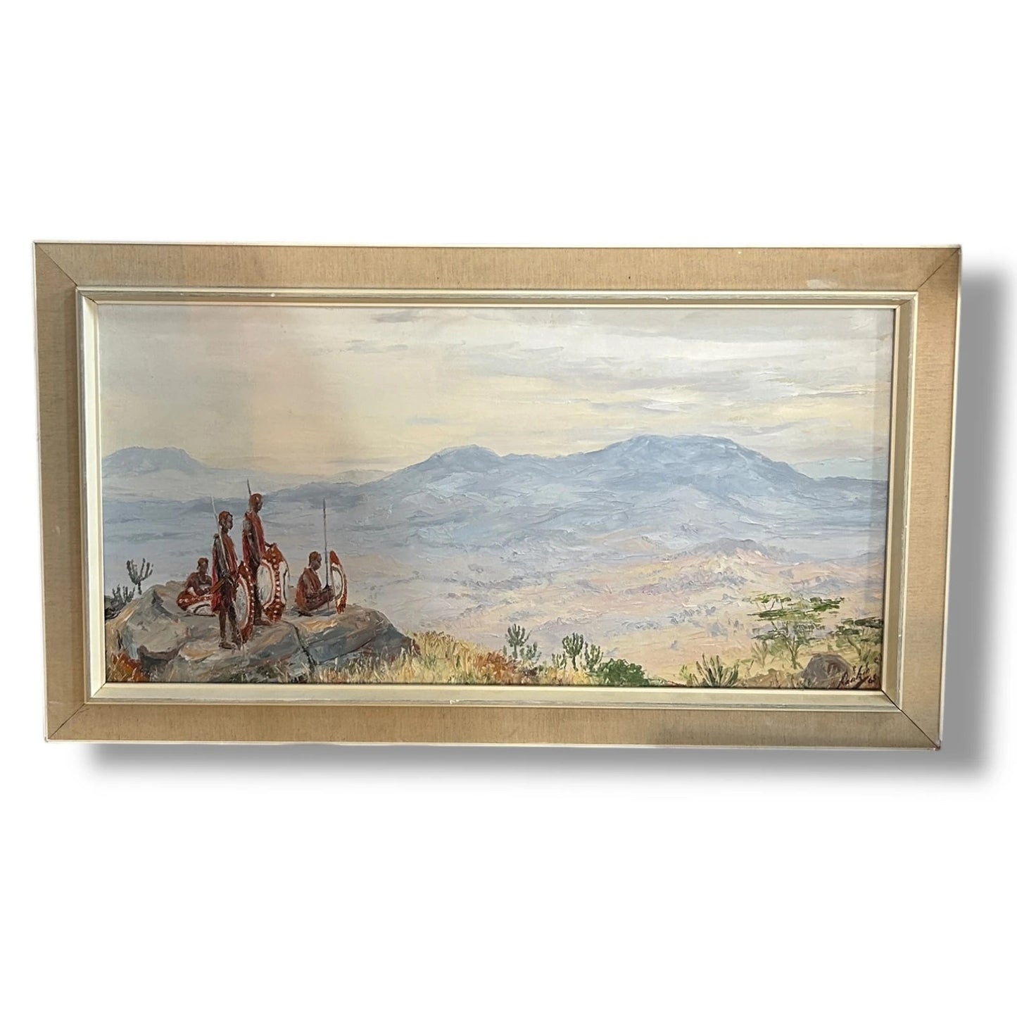 Mid Century Kenyan Maasai Warriors Landscape Framed Painting