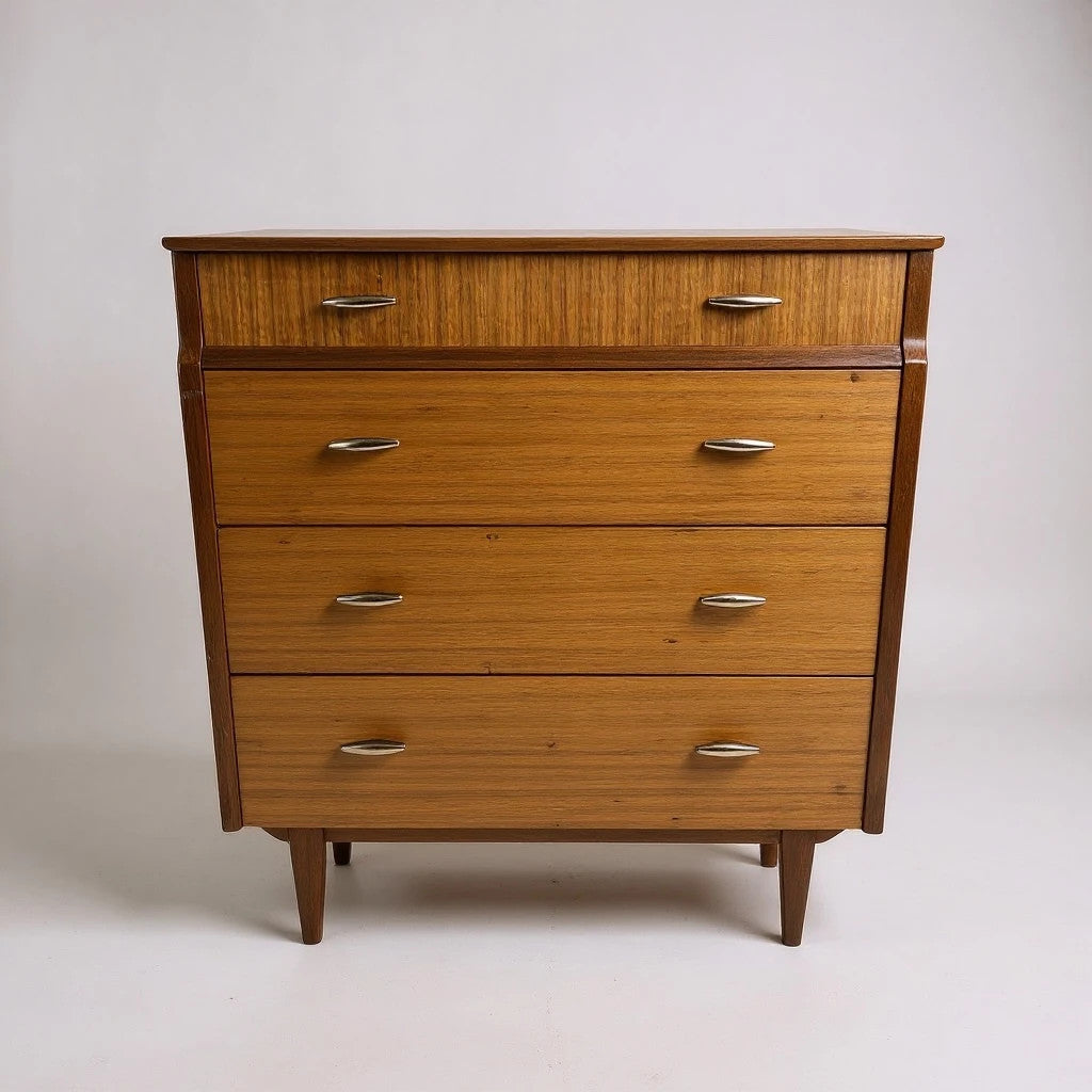 Mid-Century Teak Chest of Drawers – Vintage 1960s Tallboy Dresser with 4 Drawers
