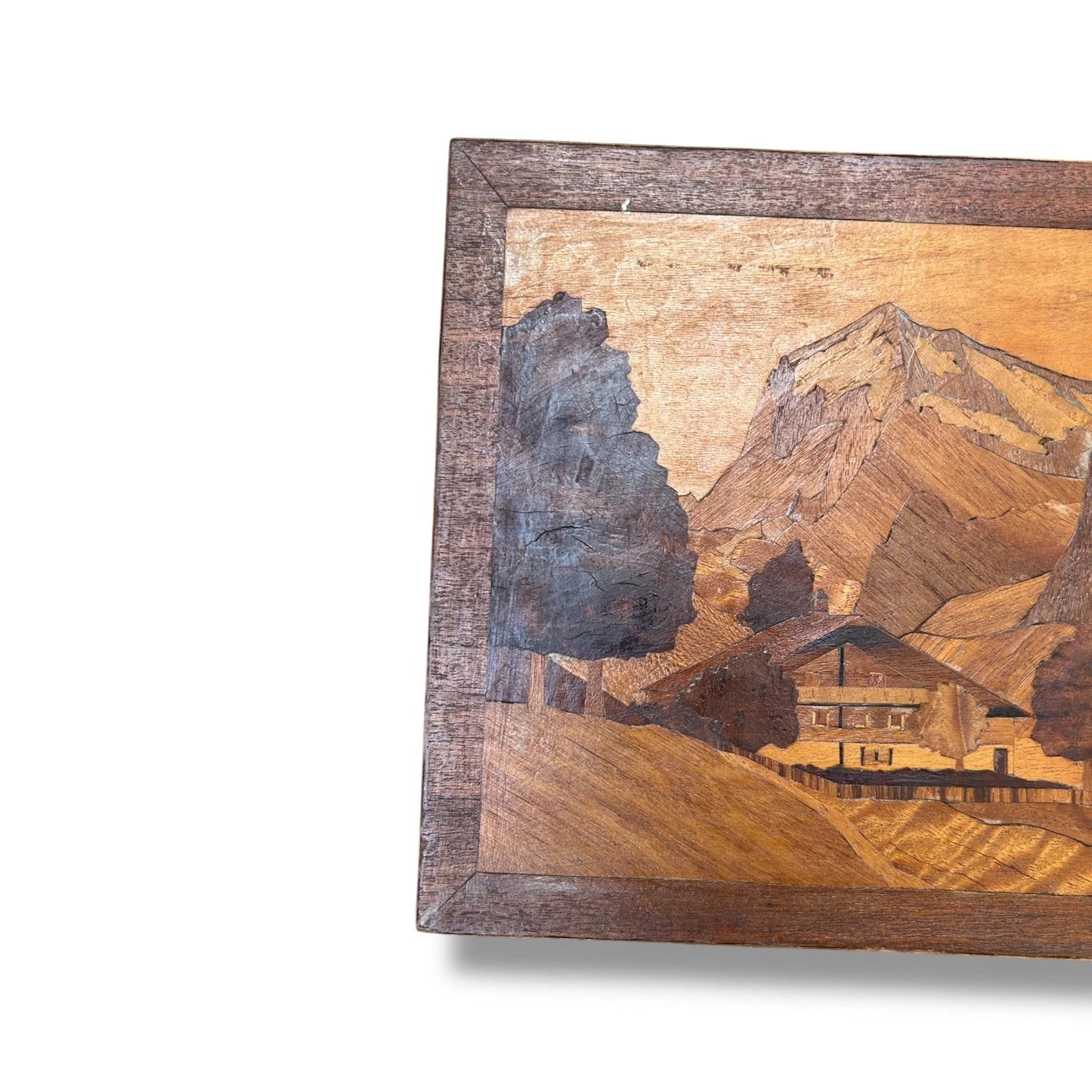 Mid Century Modern Teak Wood Marquetry Landscape Picture