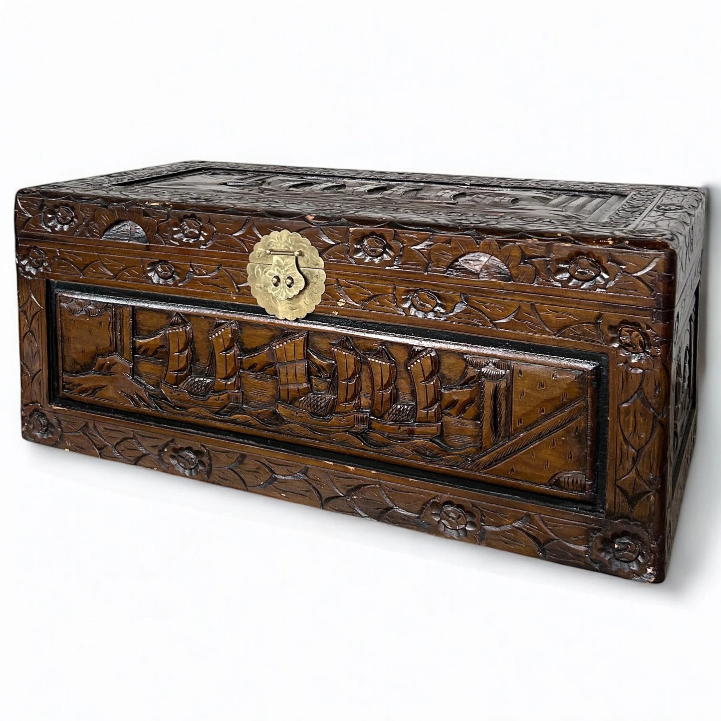 Mid Century Modern Chinese Camphor Wood Carved Storage Treasure Chest
