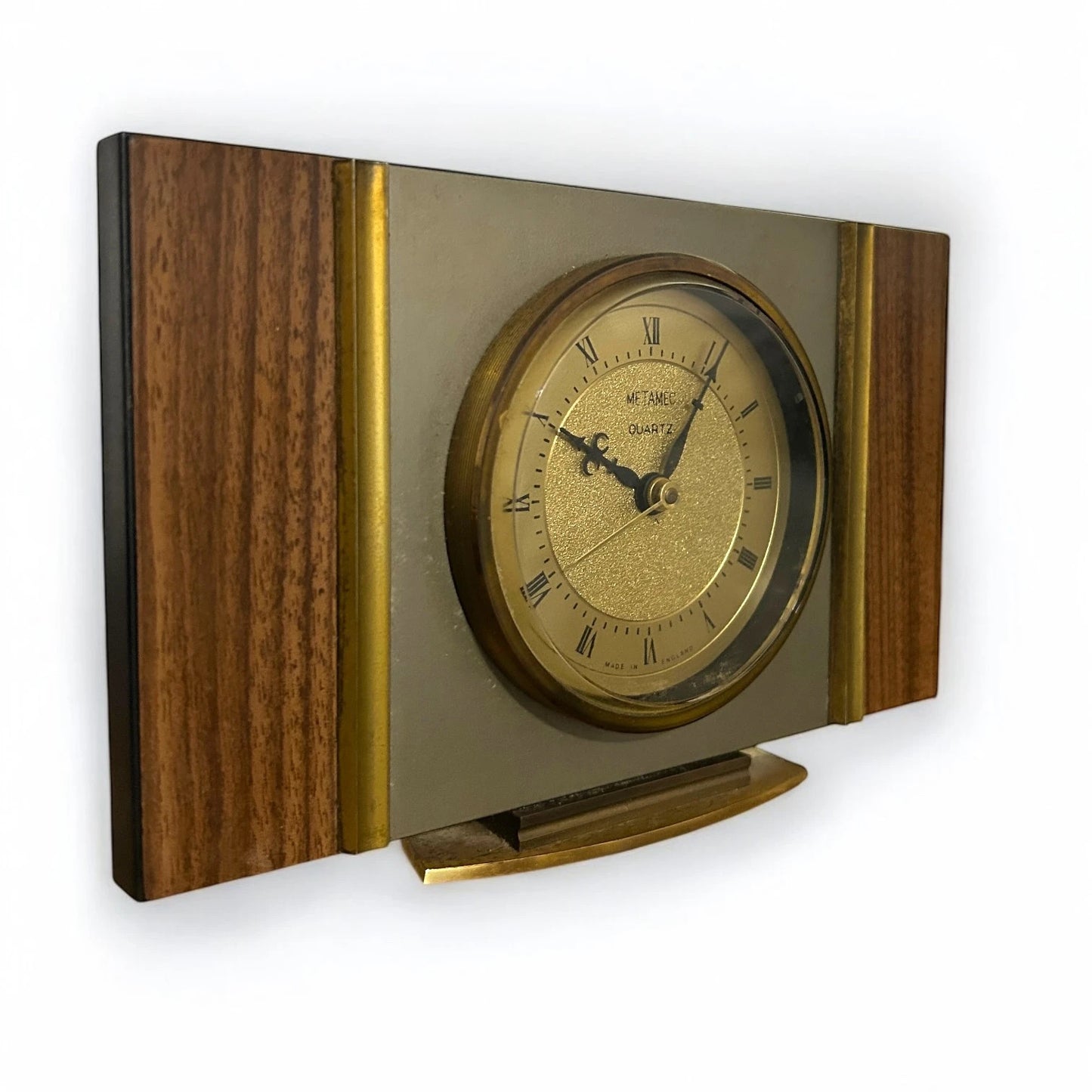 Mid Century Metamec Teak and Brass Mantle Clock