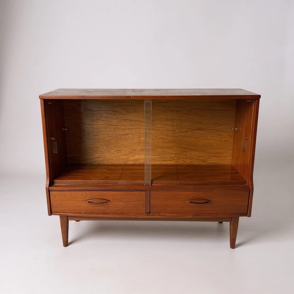 Mid-Century Jentique Teak Display Cabinet with Sliding Glass Doors & Drawers