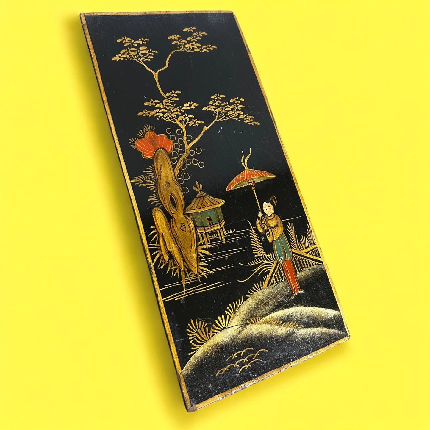 Vintage 1960s Chinese black lacquered wood panel
