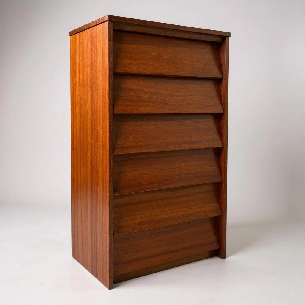 Mid Century Teak Tallboy Chest of Drawers – Slatted Front