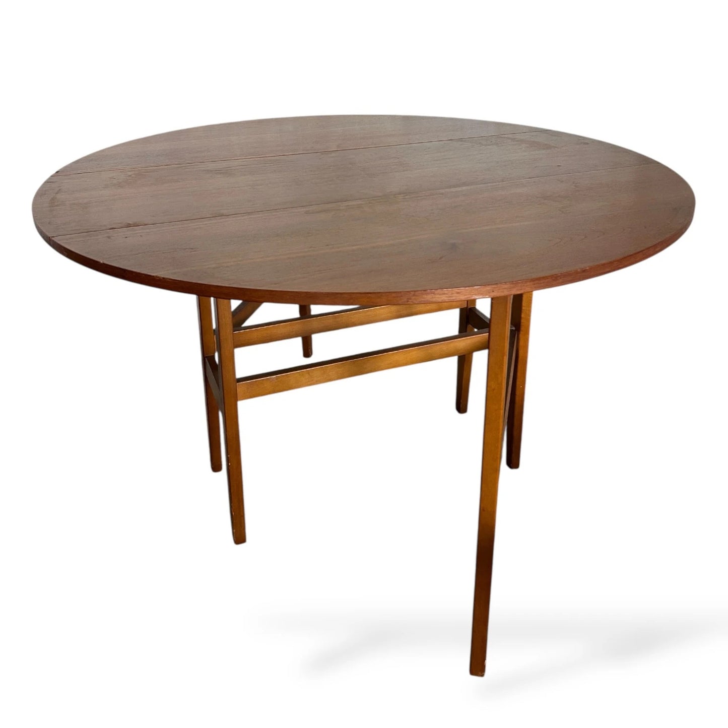 Mid Century Teak Drop Leaf Dining Table – Vintage Circular Folding Space Saving Table