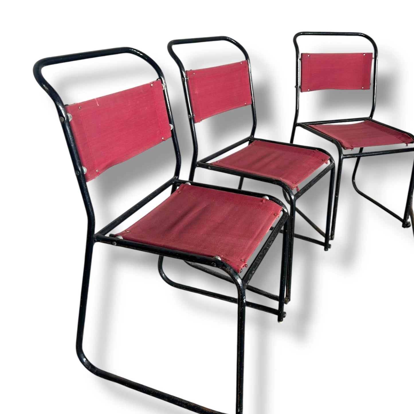 Mid Century Set of Four Pel Tubular Metal Red and Black Dining Chairs