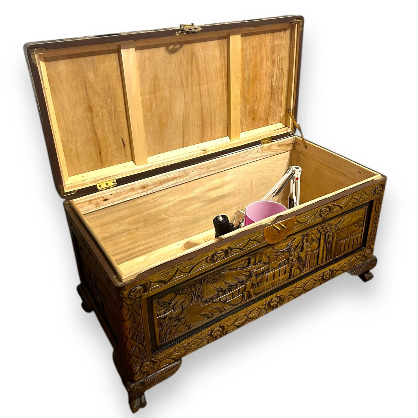 Antique Oriental Carved Camphor Wood Trunk Chest