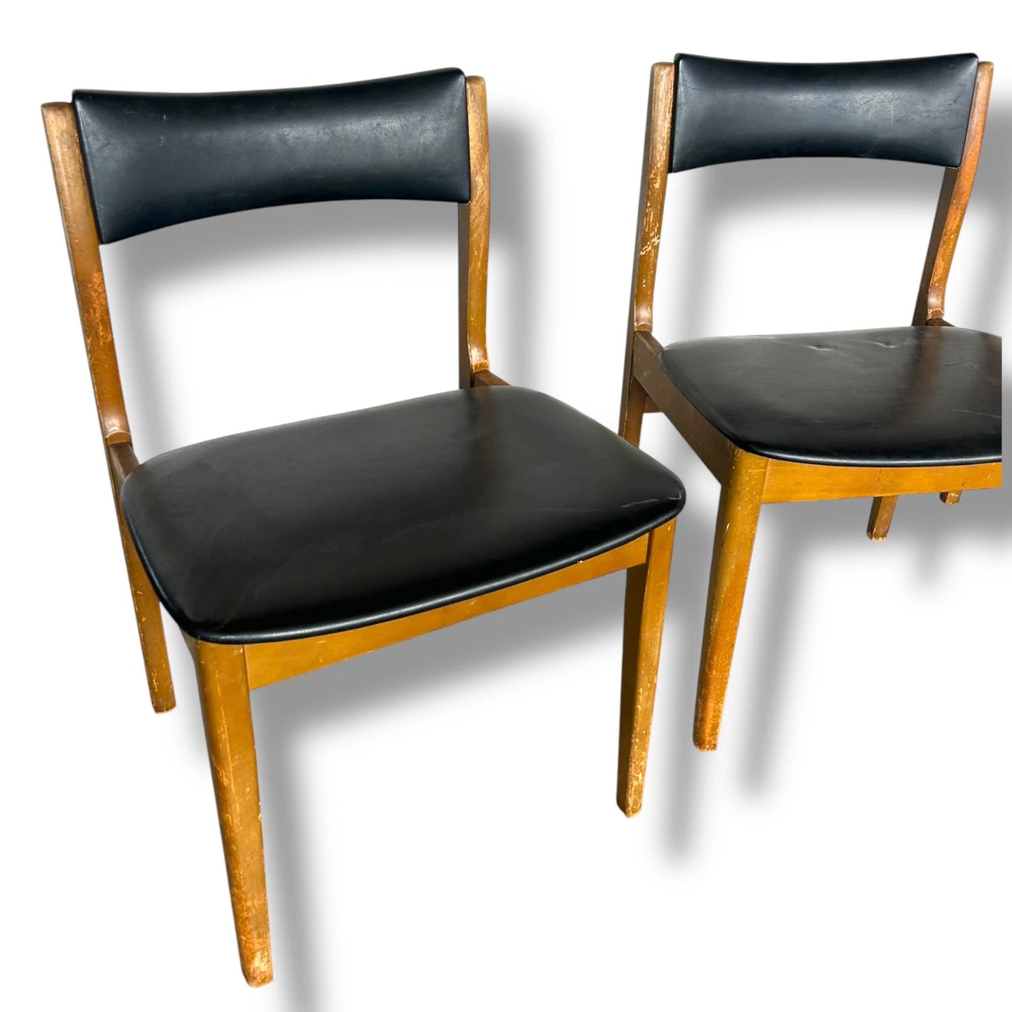 Mid Century Modern Teak Wood and Black Vinyl Set of Four Dining Chairs