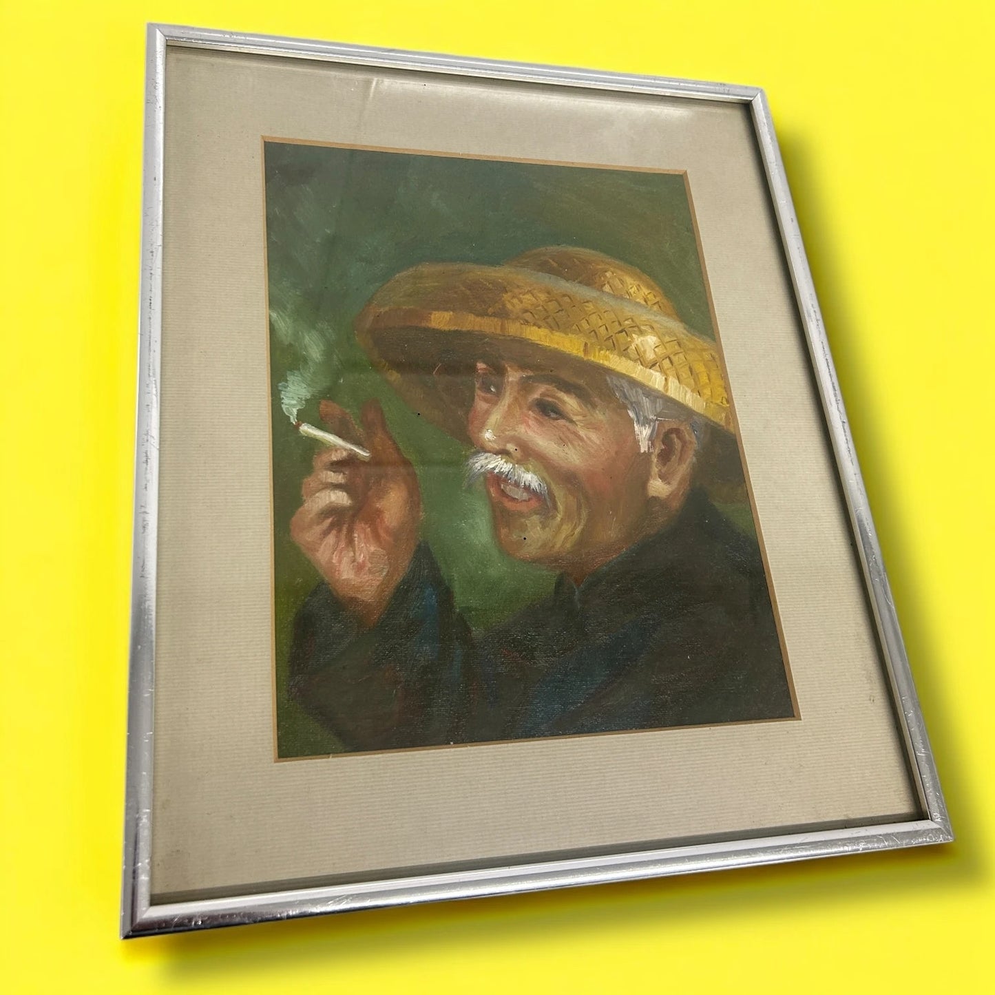 Vintage 1970s Chinese Old Man Oil Painting