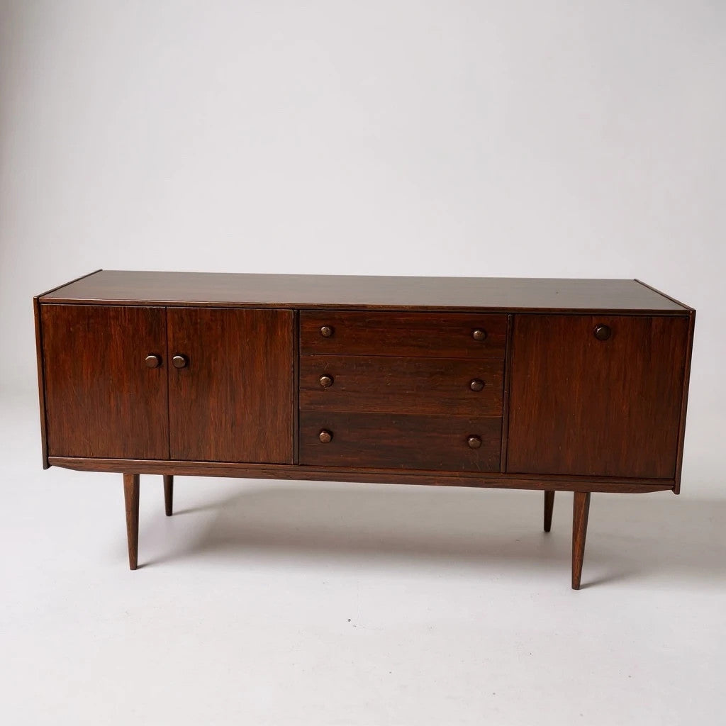 Mid Century Rosewood Effect Sideboard, Retro Credenza with Drawers and Cupboards