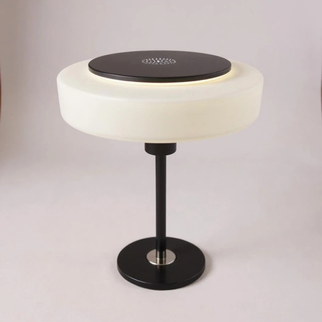 Mid Century Danish Mushroom Table Lamp | Chrome/Black Base & White Glass Shade