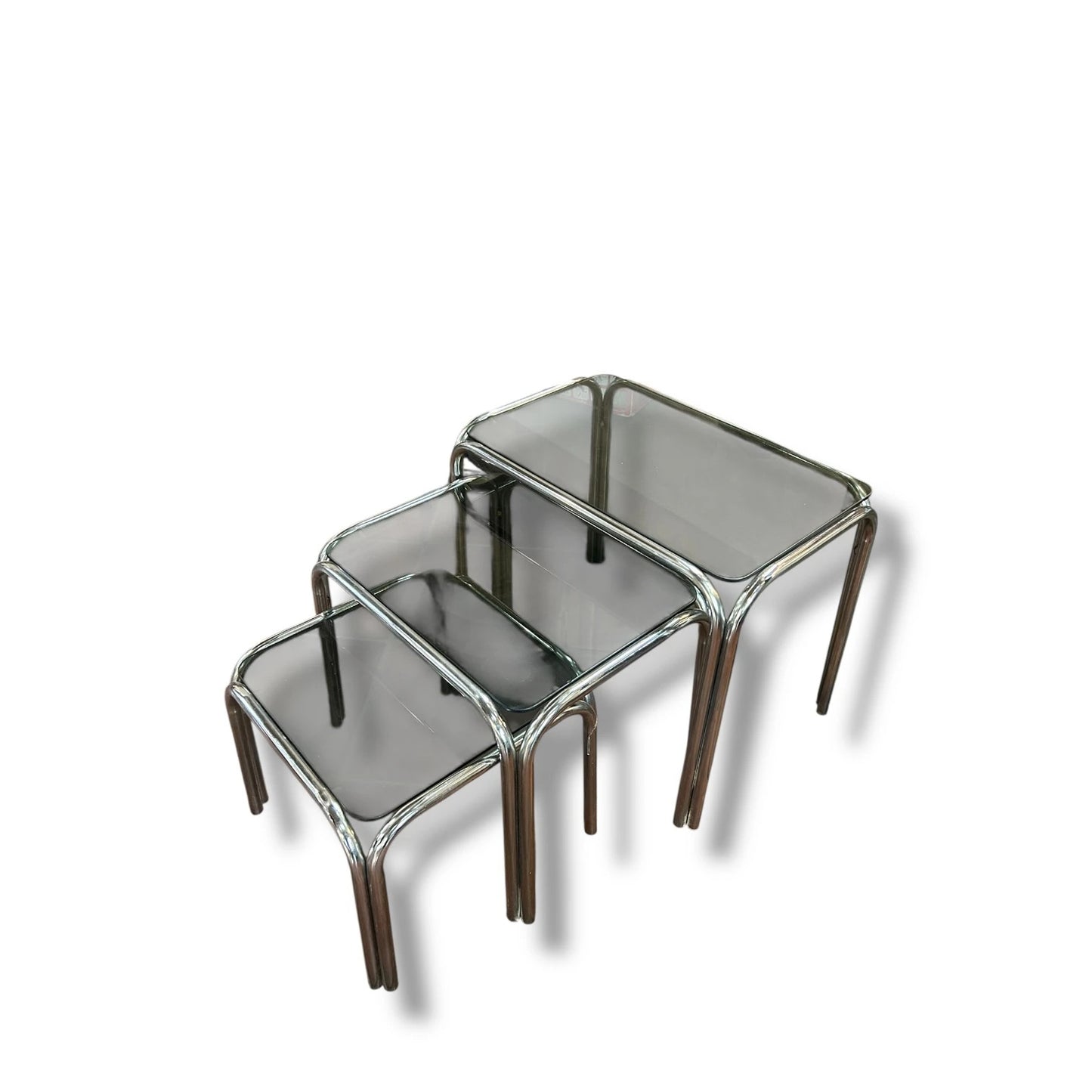 Mid Century Modern Smoked Glass and Chrome Nest of Tables