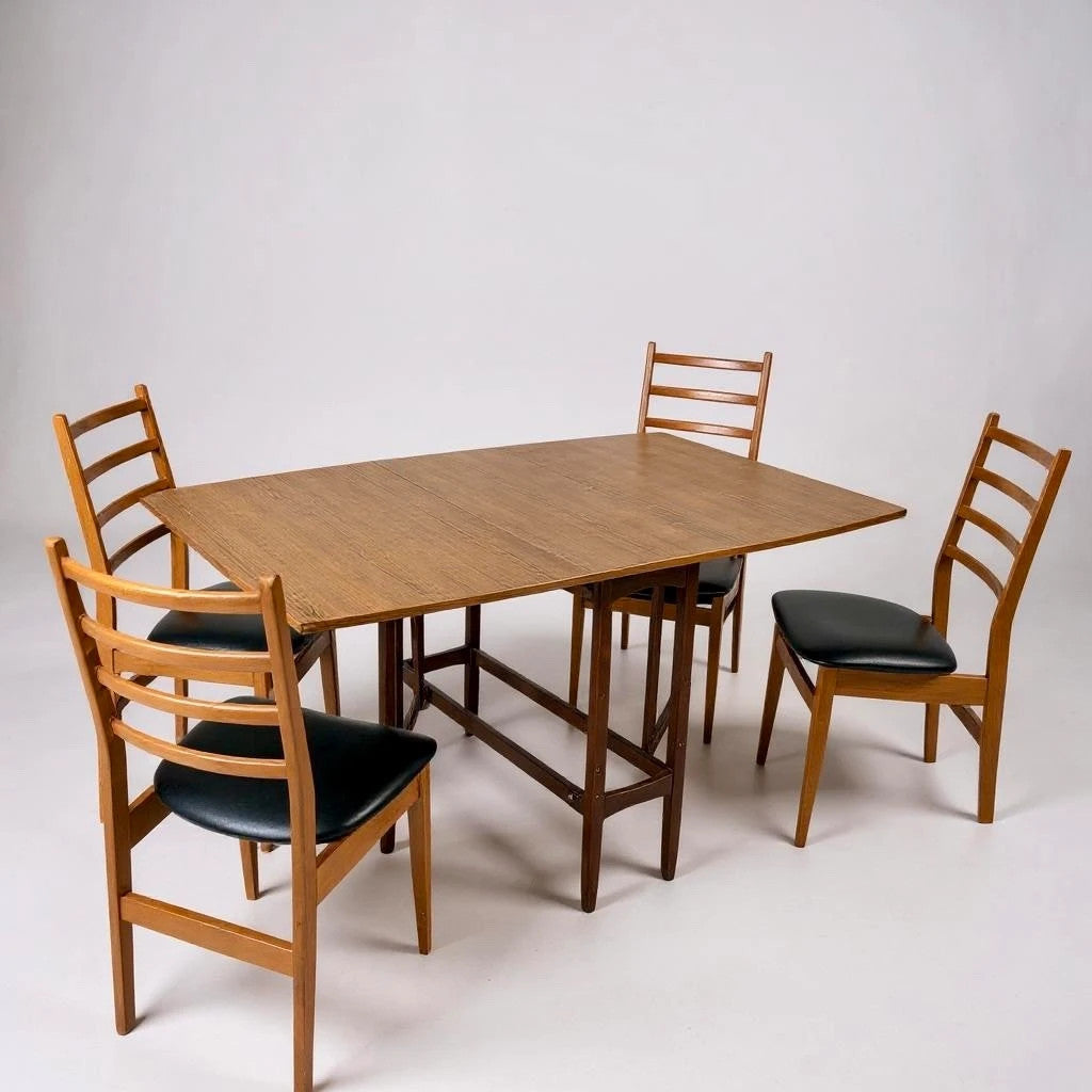 Mid Century Modern Teak Formica Drop Leaf Table and Dining Chairs Set