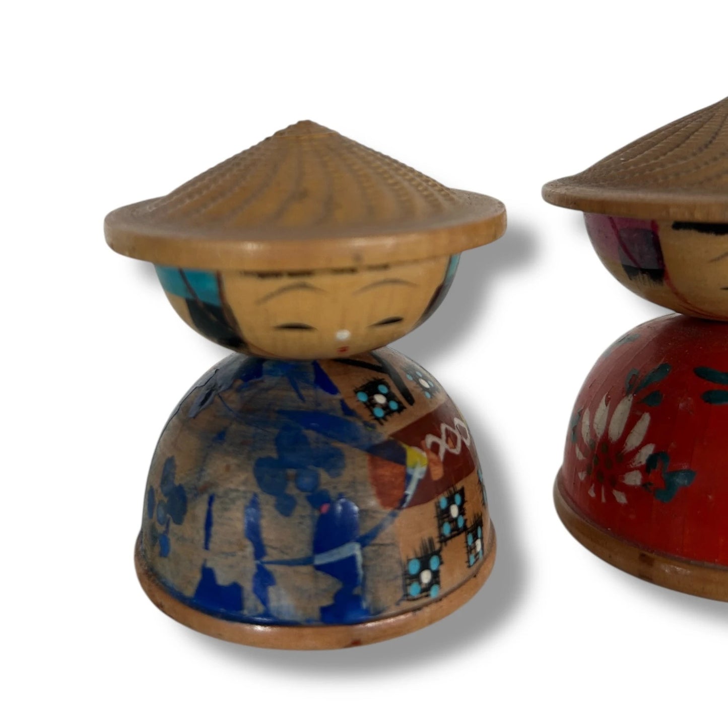 Mid Century Pair of Carved Wood Japanese Kokeshi Dolls
