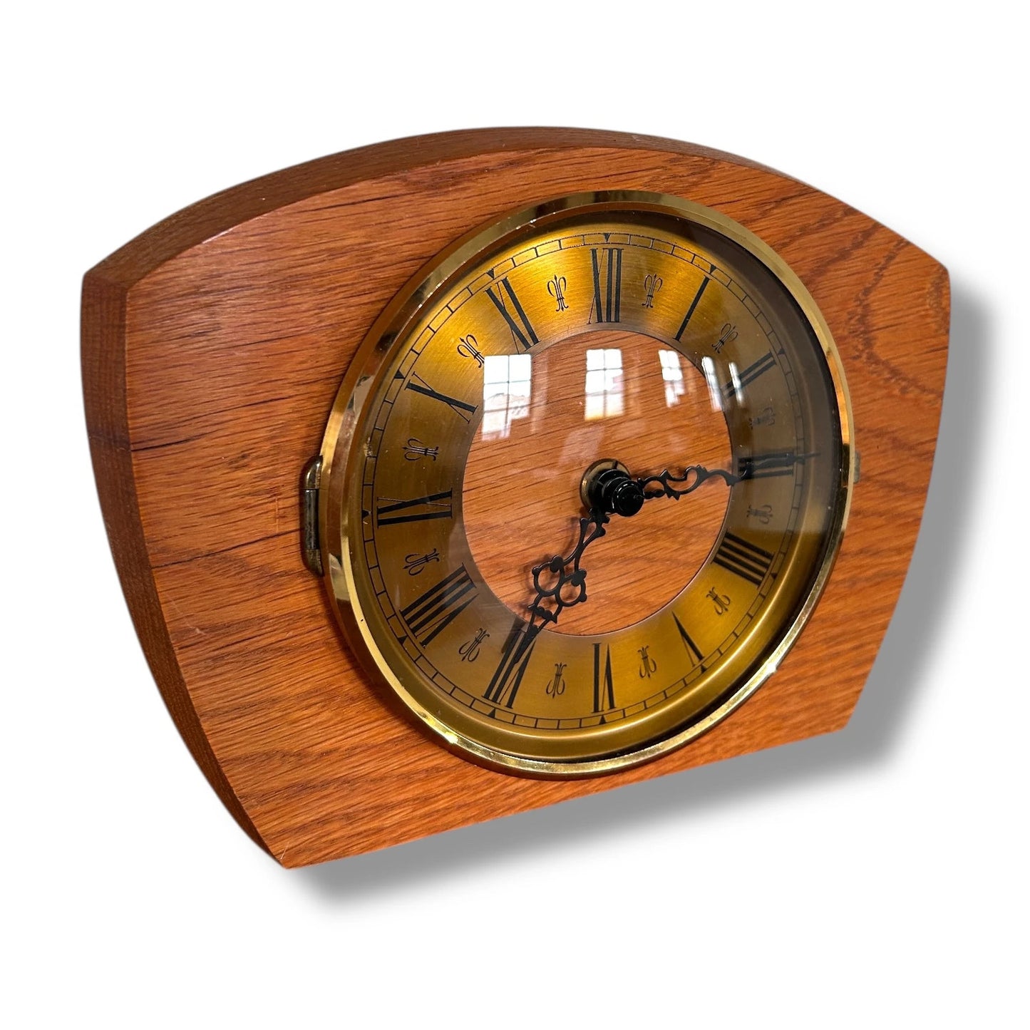 Mid Century Modern Teak Wood and Brass Curved Table Clock