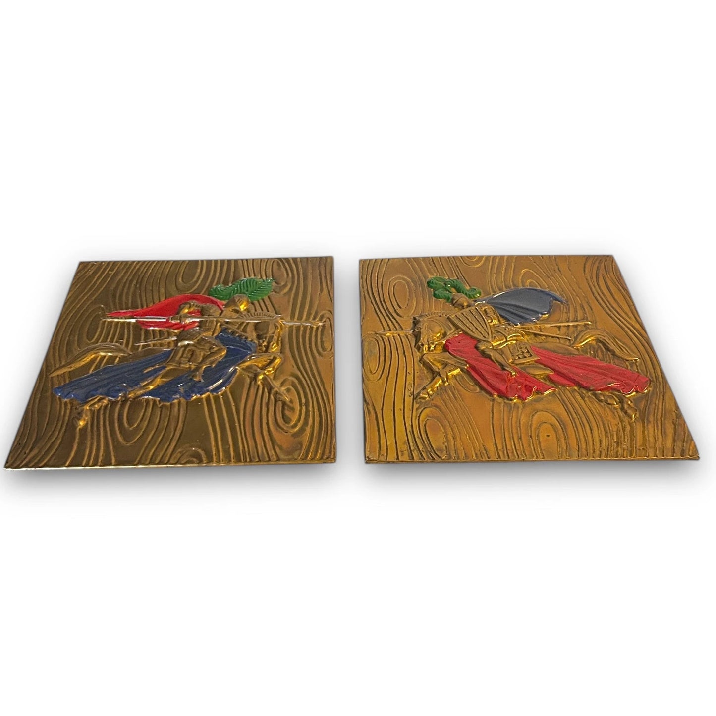 Vintage 1950s Brass Medieval Knights Pair of Plaques
