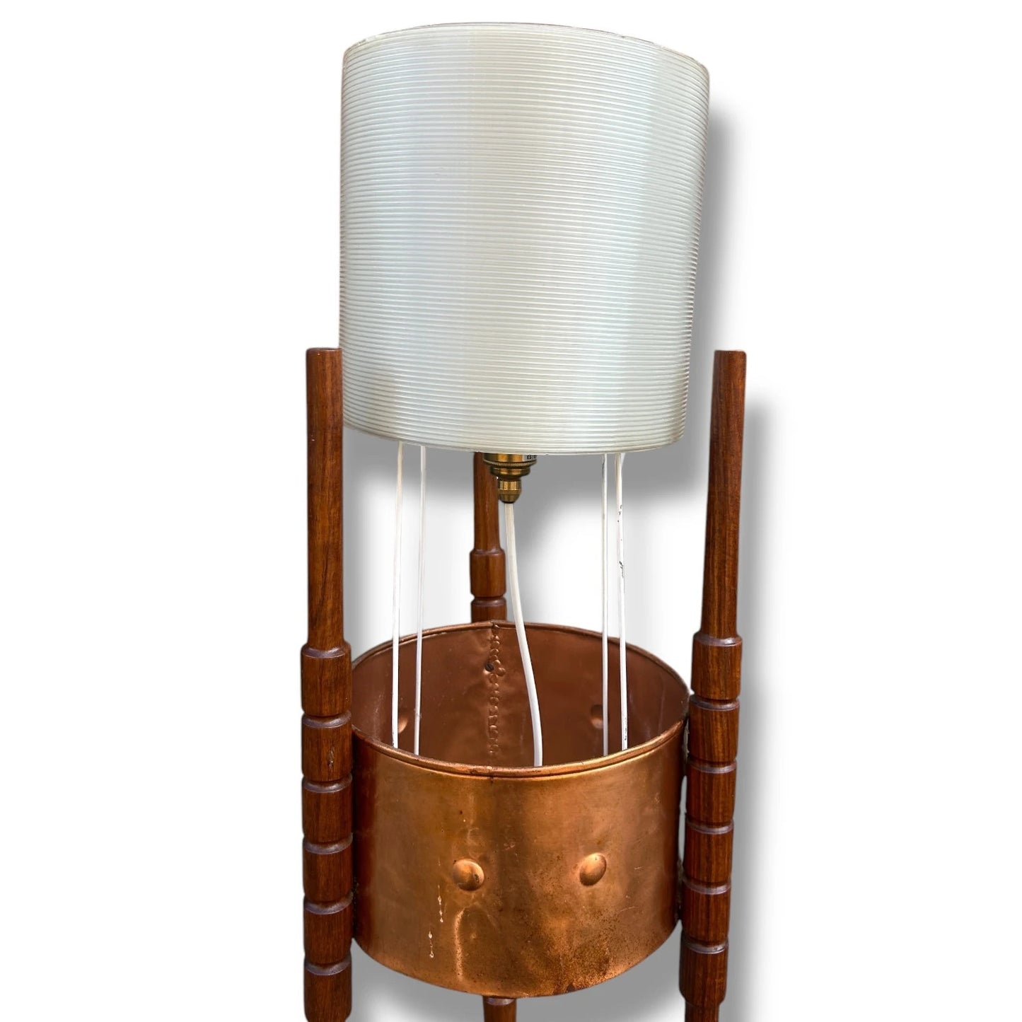 Mid Century Copper and Teak Wood Floor Lamp