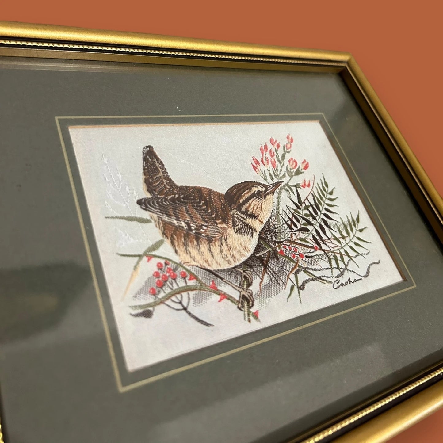 Vintage 1970s Wren Bird Silk Picture Frame