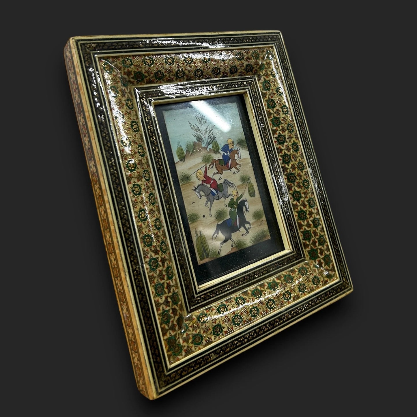 Vintage 1960s Persian Khatam Mosaic Framed Miniature Painting