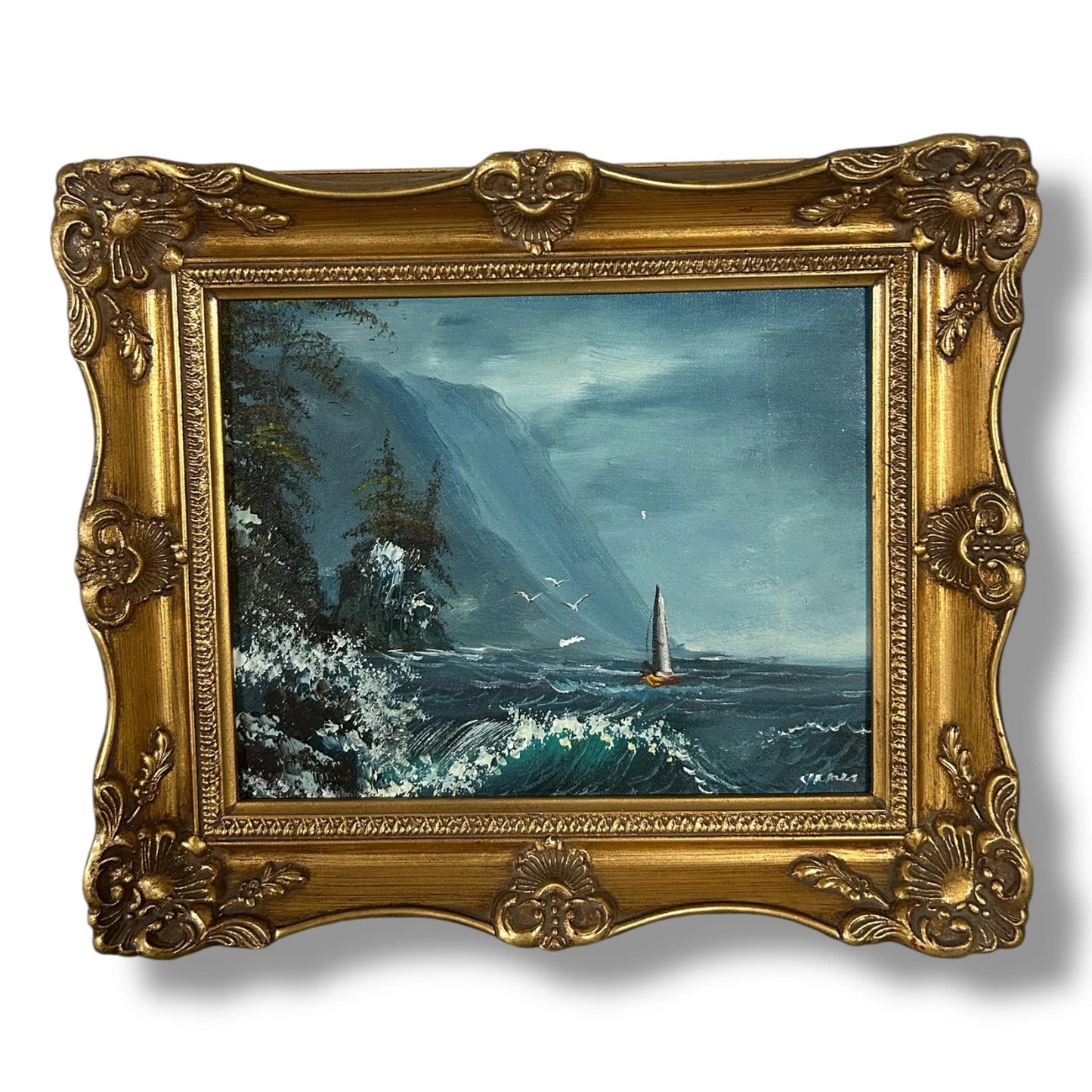 Vintage 1970s Nautical Landscape Oil Painting with a Gilt Frame