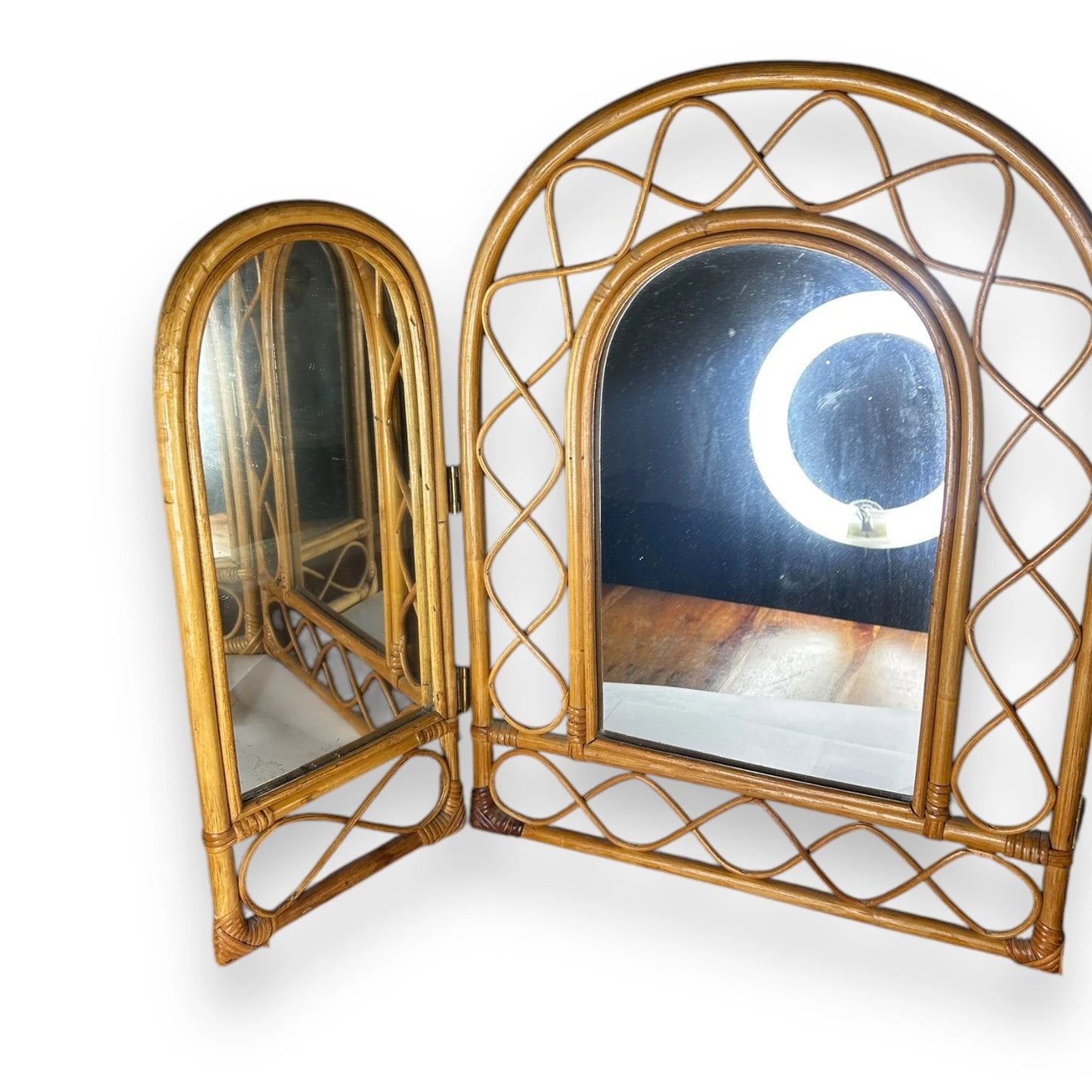 Mid century triptych bamboo mirror