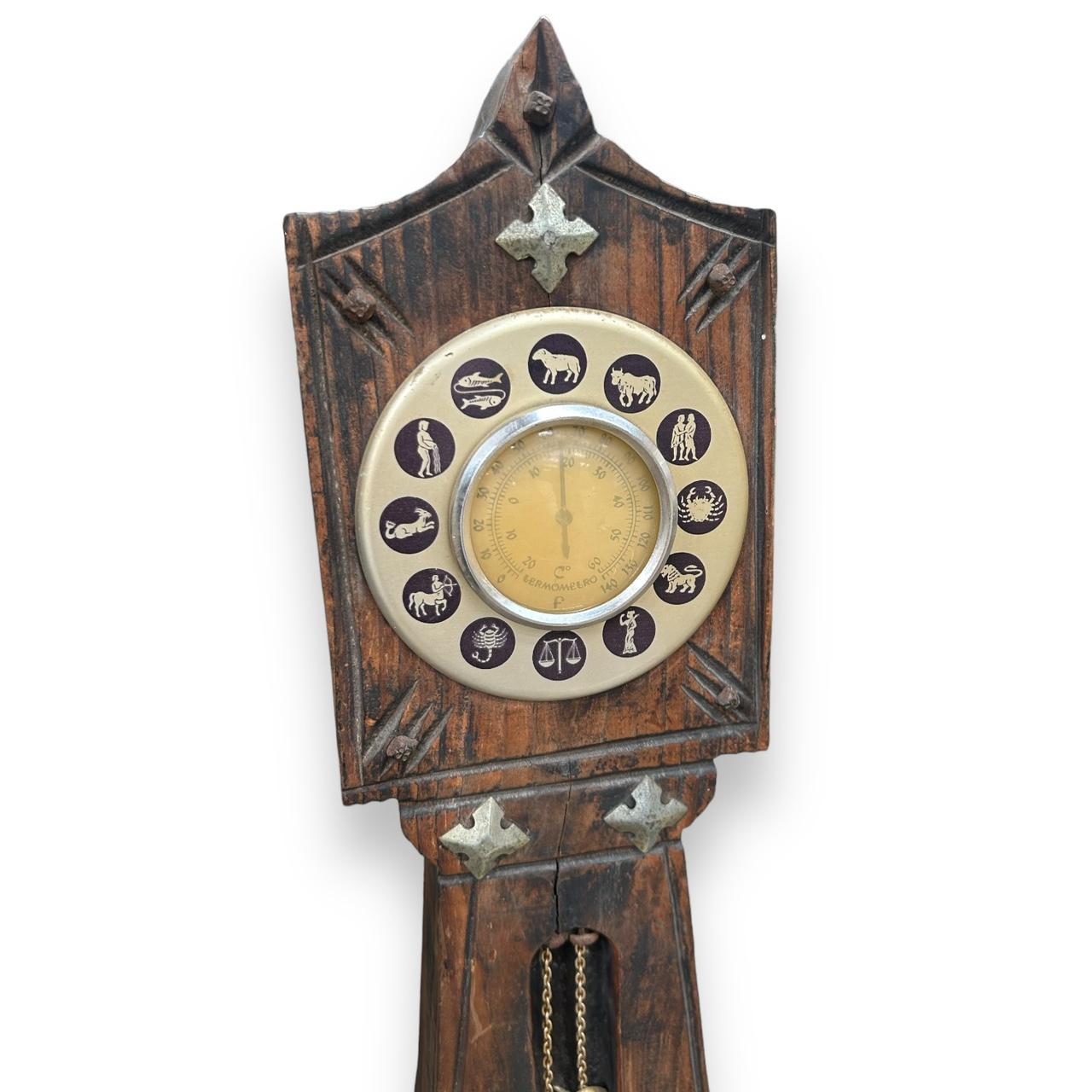 Mid Century Zodiac Carved Wood Barometer