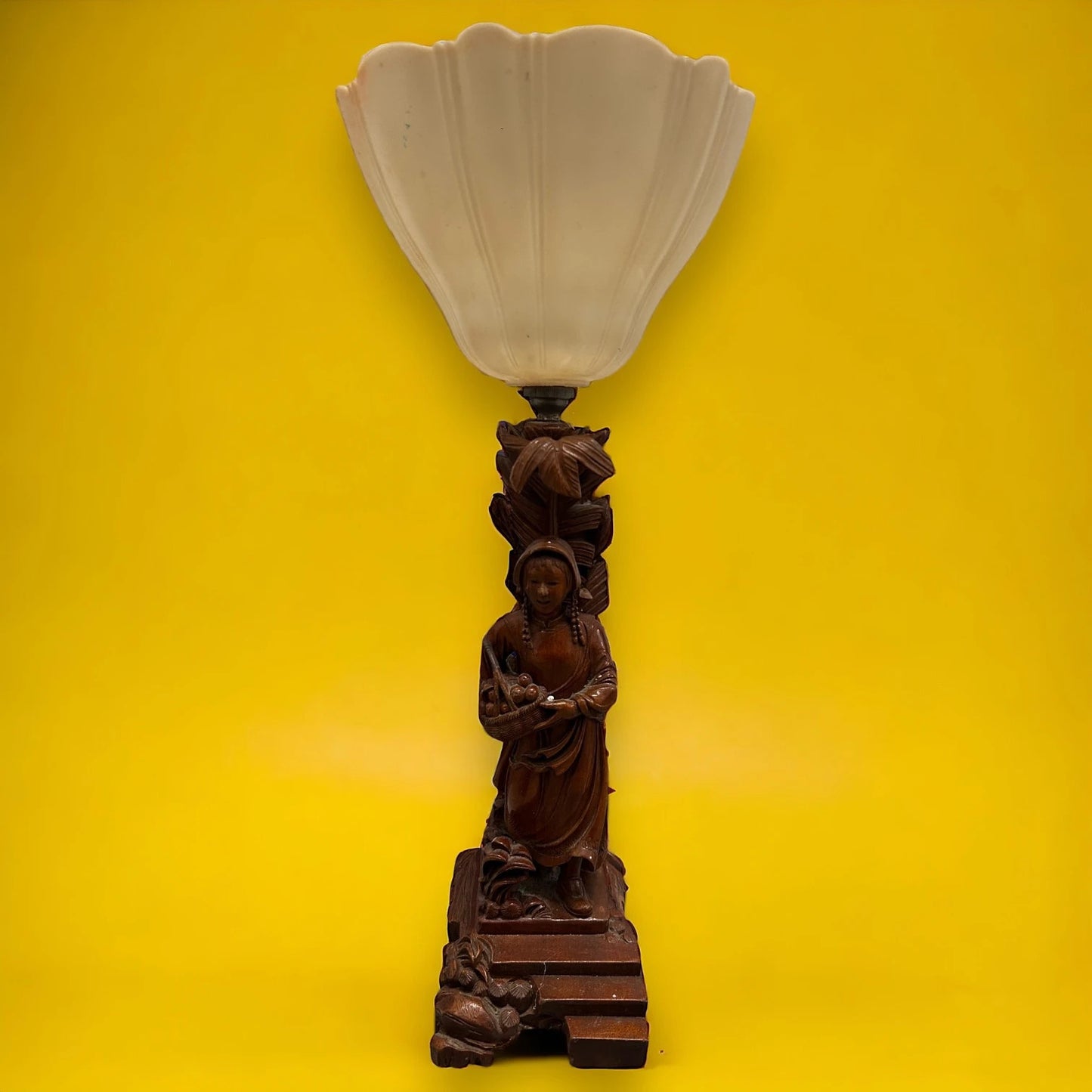 Vintage 1960s Carved Wood Asian Lady Lamp