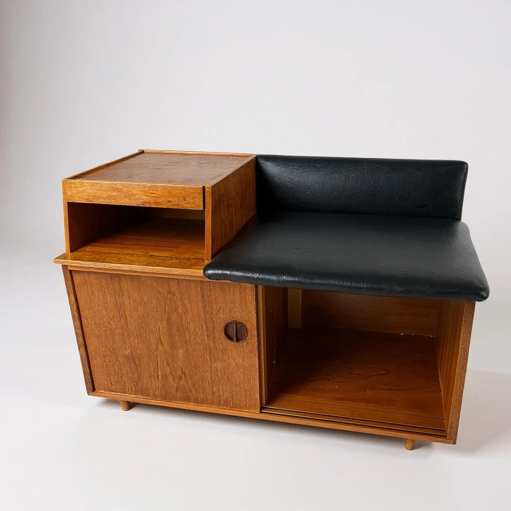 Vintage 1960s Chippy Heath Teak Telephone Table – Mid-Century Modern Hall Seat with Black Vinyl