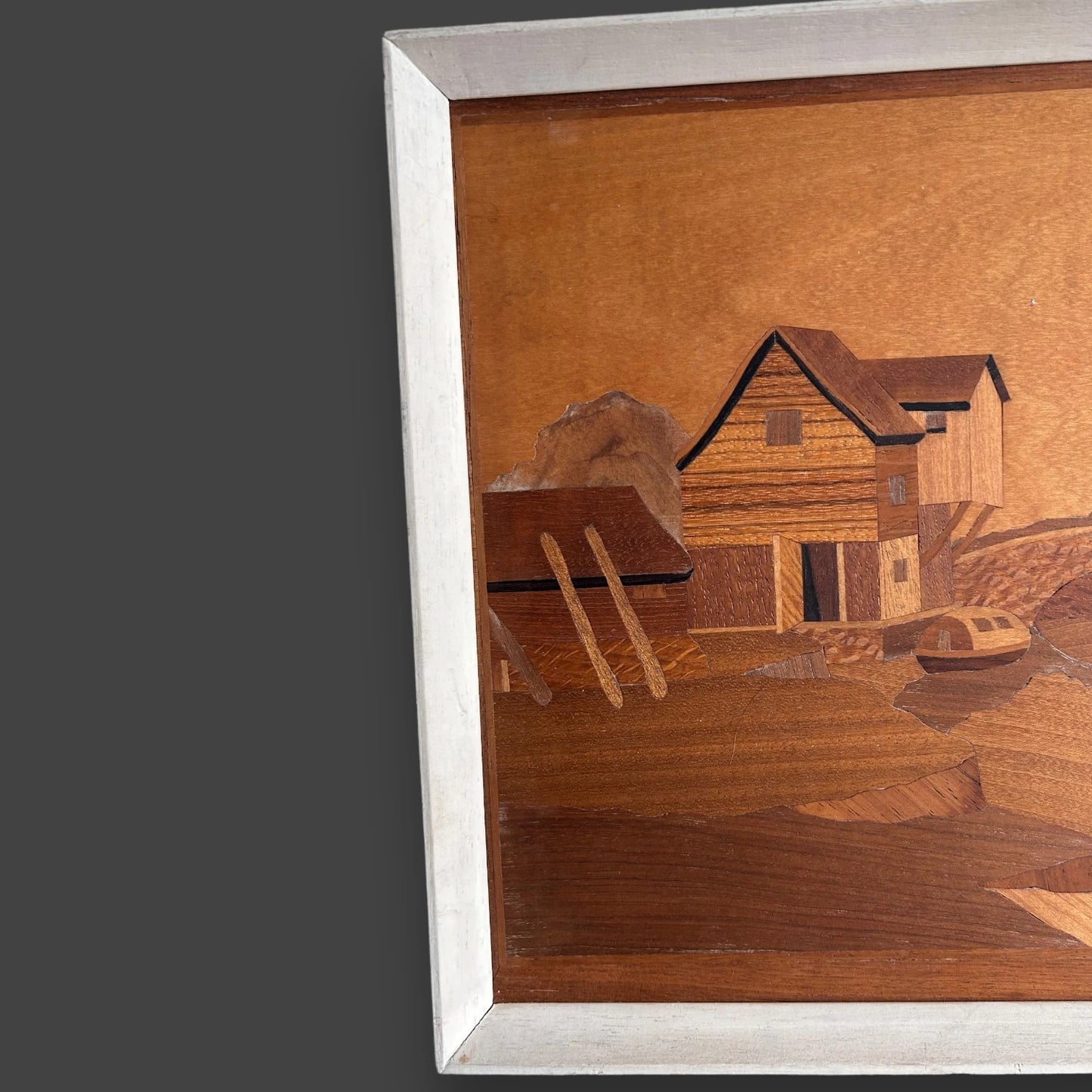 Mid century wood marquetry boat picture frame