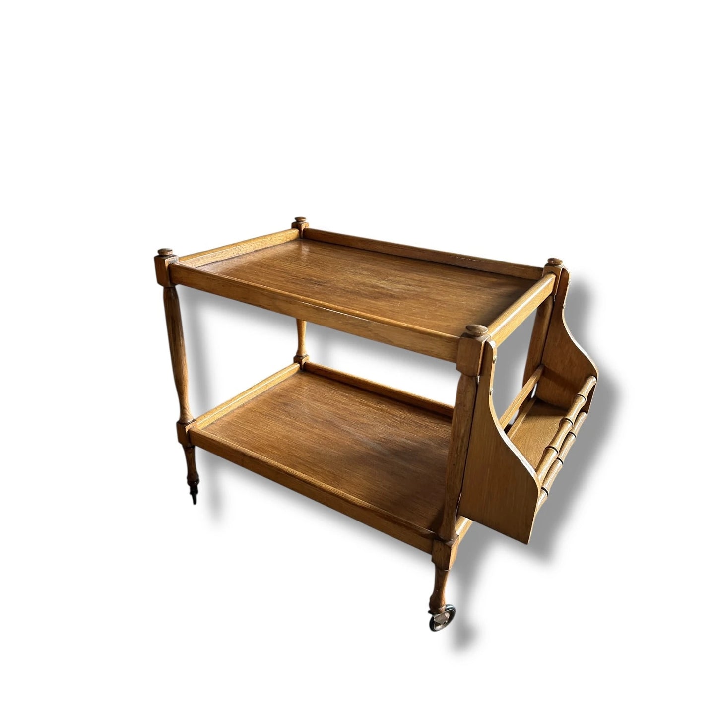 Vintage Oak Drinks Trolley with Bamboo Detail & Magazine Rack – Mid Century Bar Cart