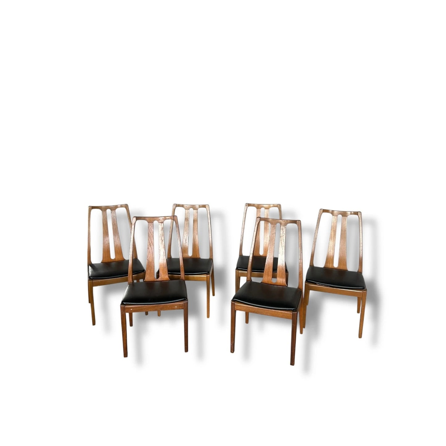 Mid Century Modern Nathan Teak and Black Vinyl Set of Six Dining Chairs