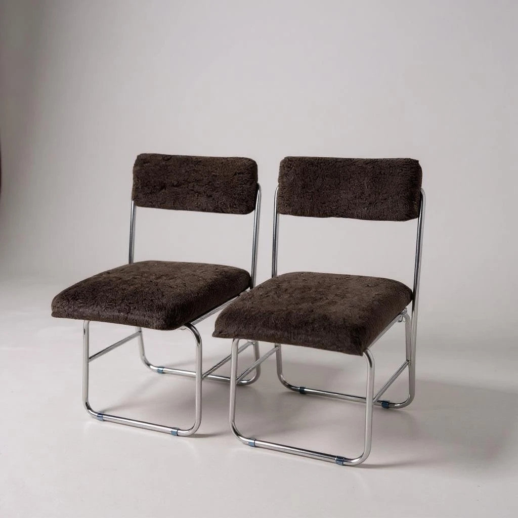 Mid Century Modern Pair of Chocolate Brown and Chrome Space Age Folding Chairs