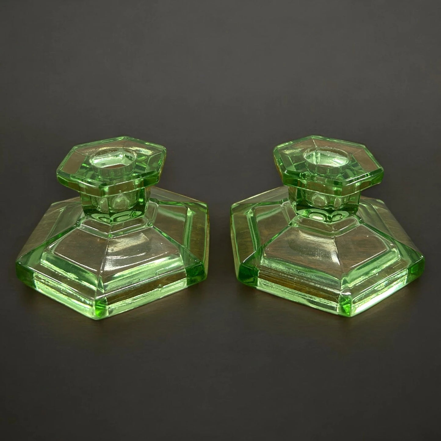 Vintage 1930s Green Glass Candlestick Holders