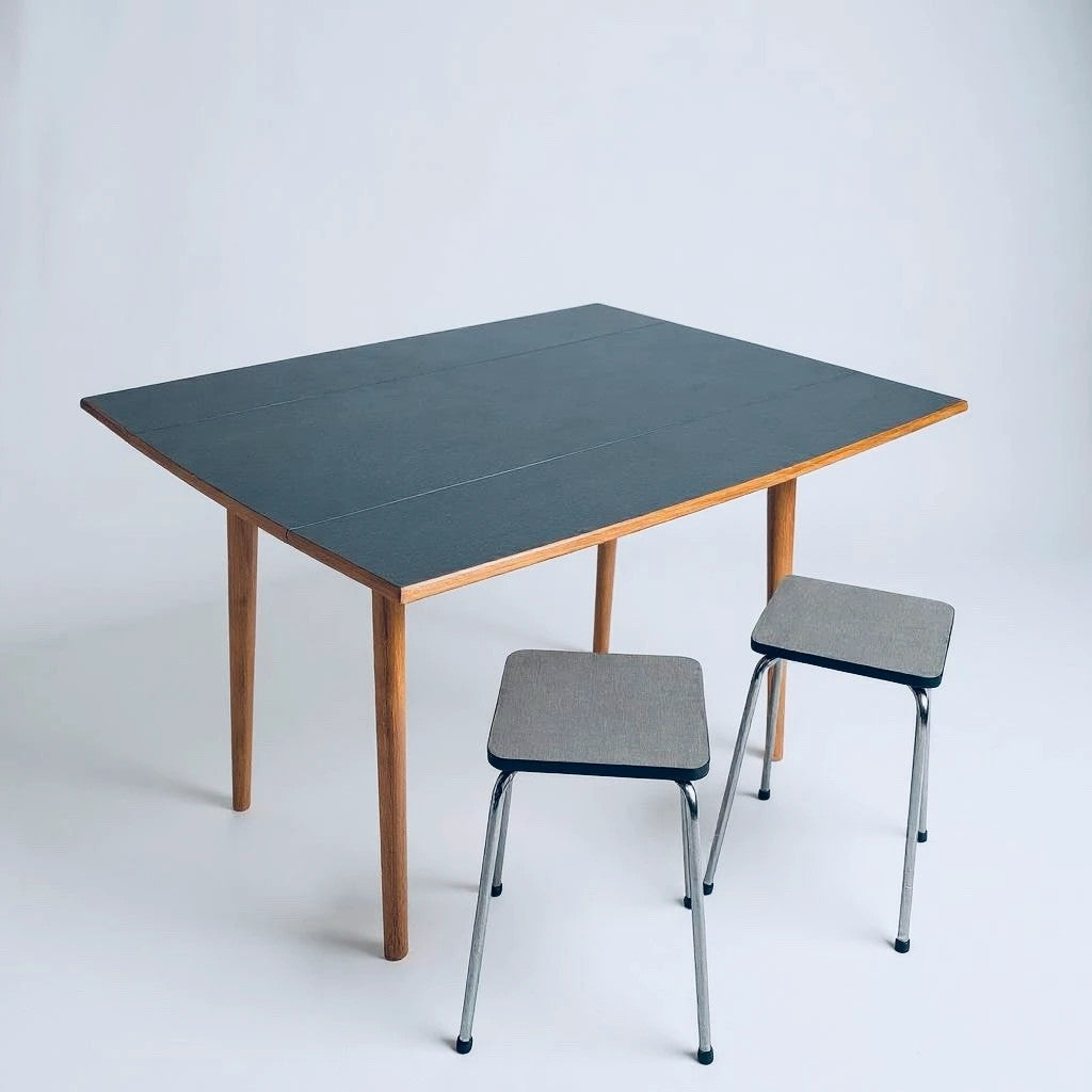 Mid Century Modern Blue Formica Drop Leaf Extendable Dining Table