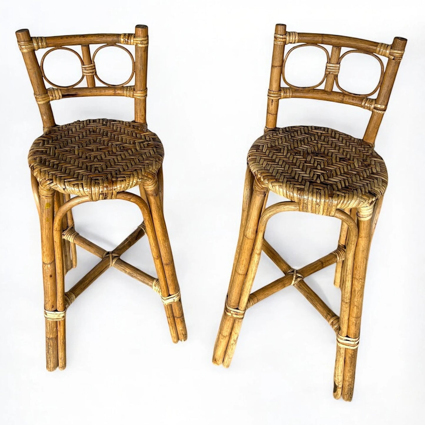 Mid Century Modern Bamboo Rattan Pair of Bar Stools